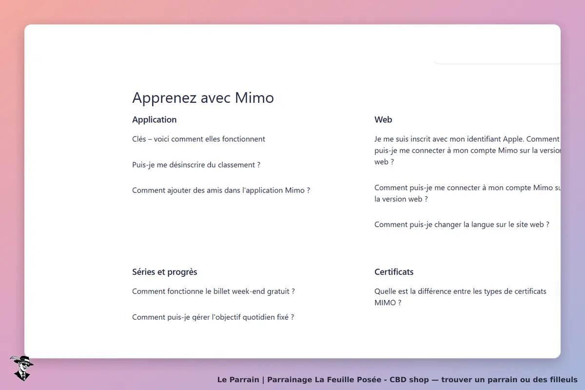 La Feuille Posée - CBD shop : la Feuille Posée : page d'aide avec questions sur l'application Mimo