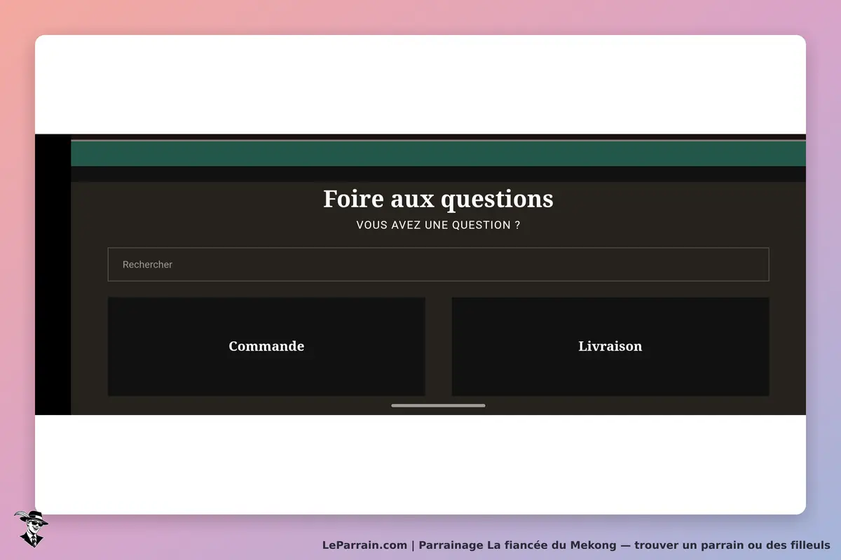 La fiancée du Mekong : section Foire aux questions avec un champ de recherche et deux boutons