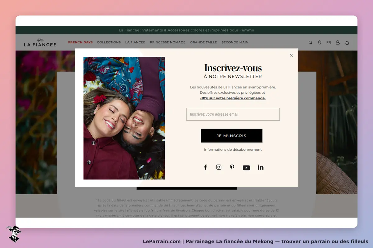 La Fiancée du Mekong : inscription à la newsletter avec deux femmes souriantes en arrière-plan