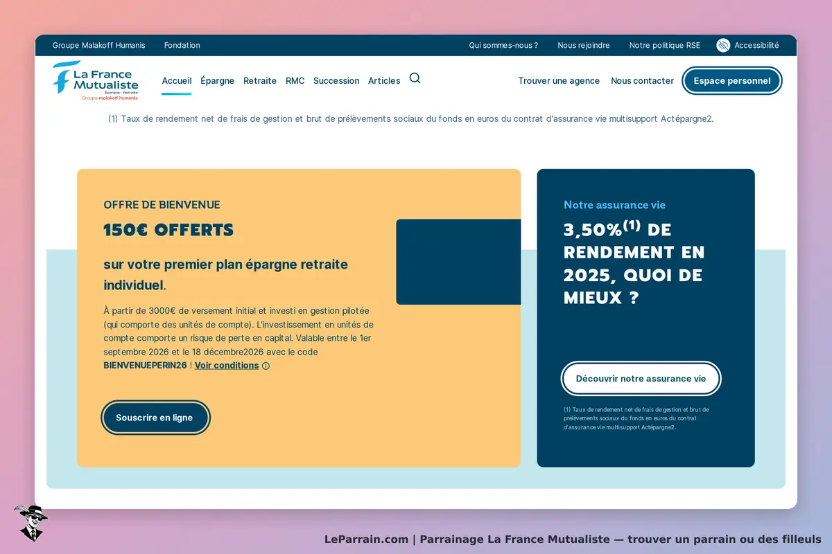 La France Mutualiste : page d'accueil avec une offre de bienvenue et des informations sur l'épargne