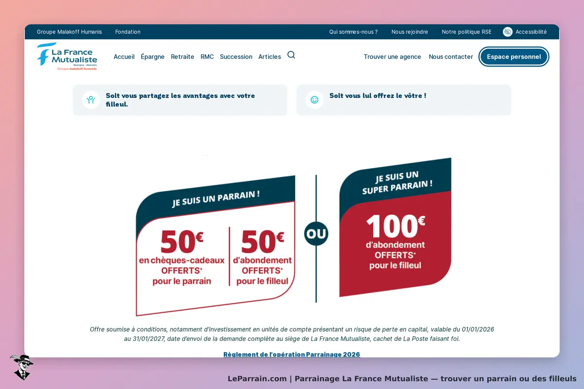 La France Mutualiste : section sur les avantages du parrainage avec offres pour parrain et filleul
