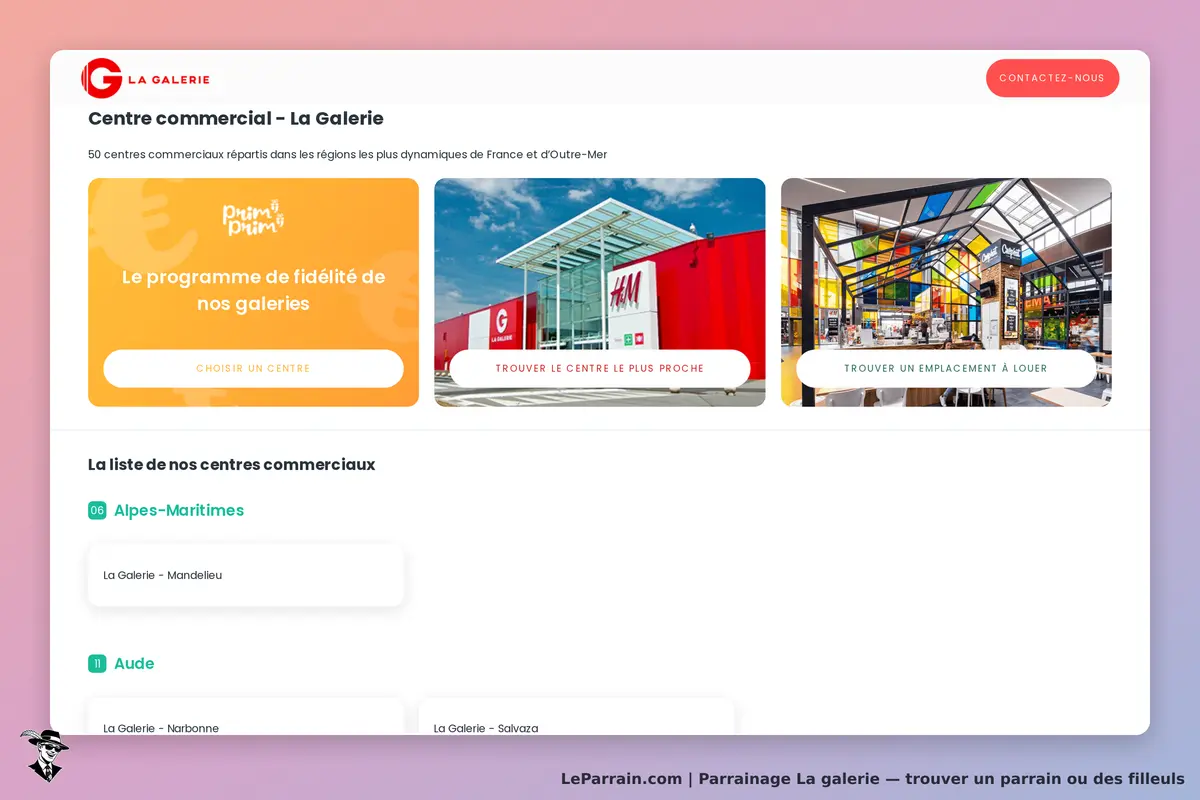 La Galerie : page d'accueil présentant des centres commerciaux et options de recherche