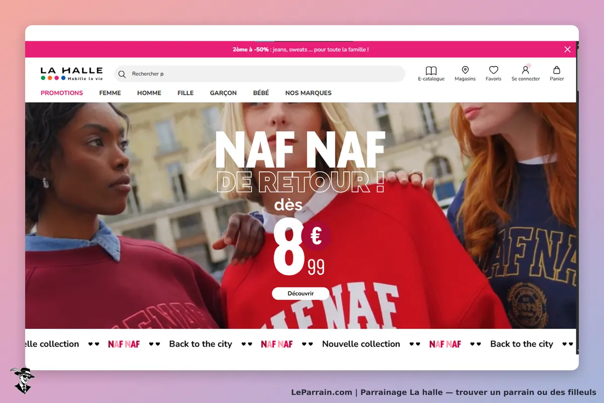 La Halle : page d'accueil avec trois femmes portant des sweats NAF NAF en extérieur