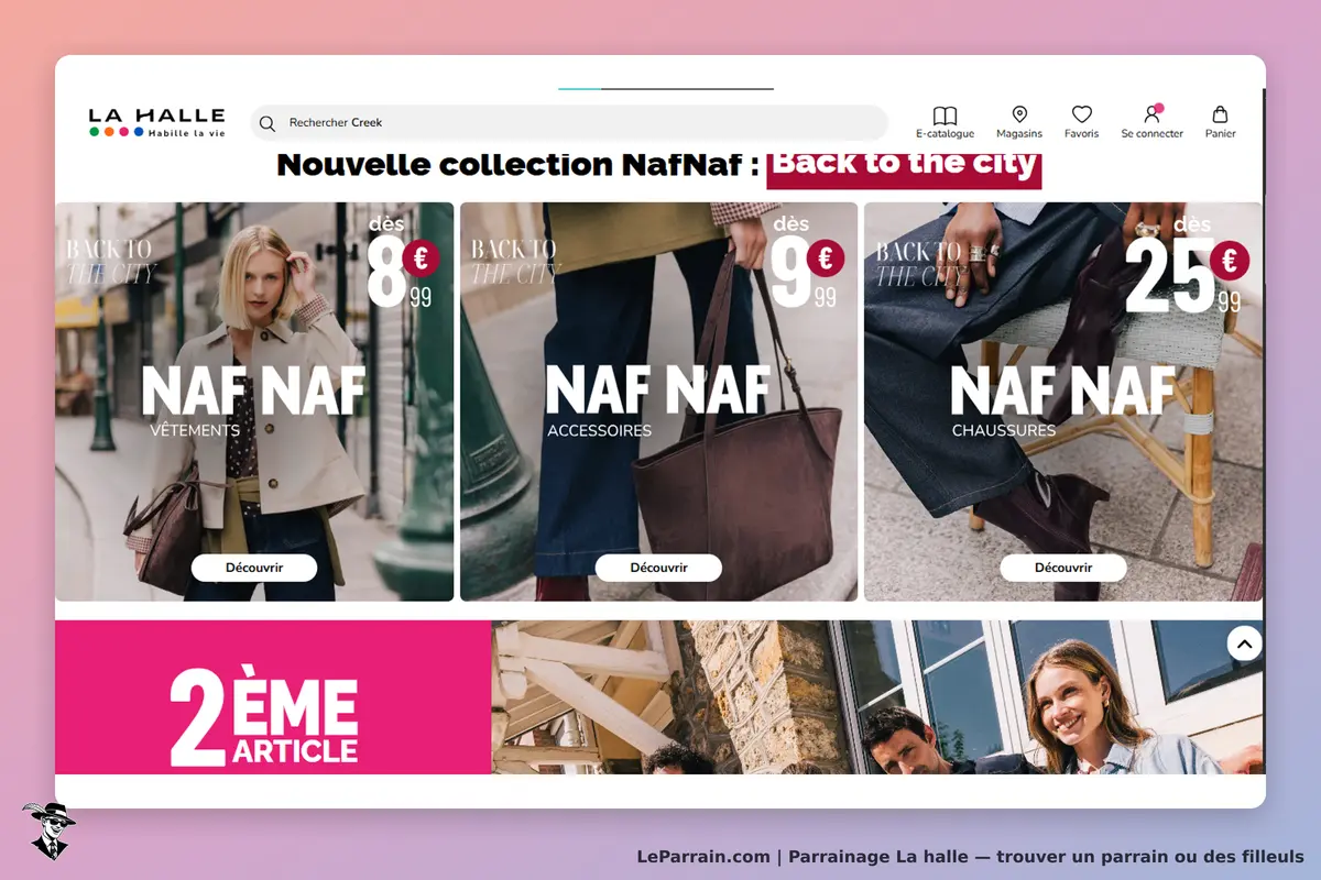 La Halle : page d'accueil présentant la collection Naf Naf avec vêtements, accessoires et