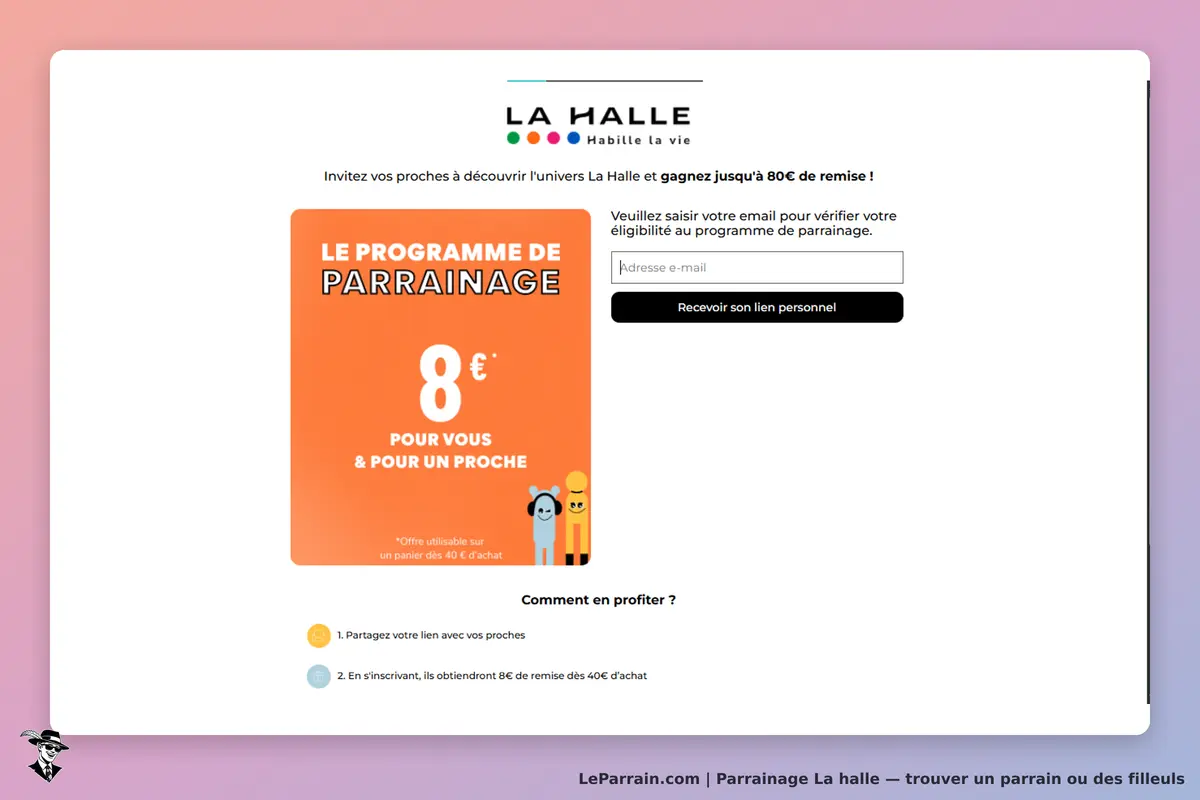 La Halle : page d'accueil avec programme de parrainage et formulaire d'inscription par email