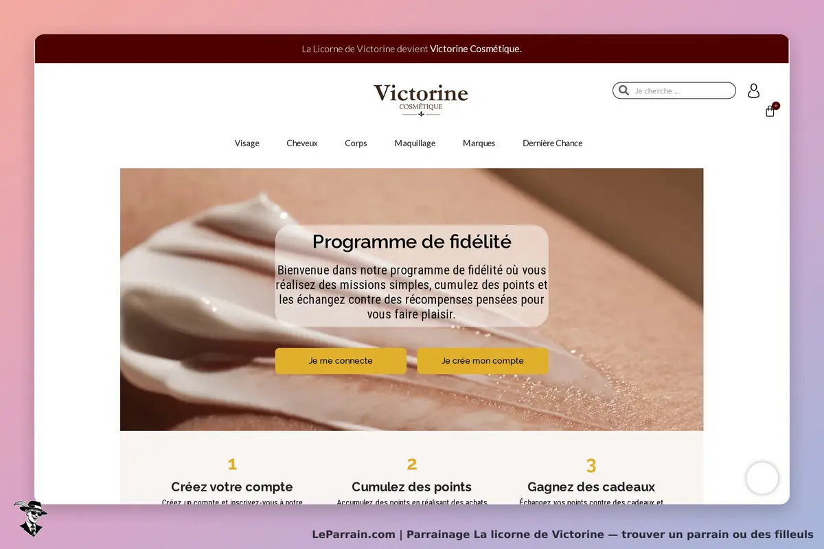 La licorne de Victorine : page d'accueil avec programme de fidélité et étapes à suivre