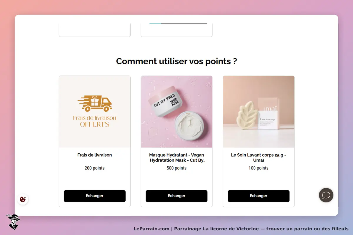 La licorne de Victorine : page d'accueil avec des produits et points à échanger