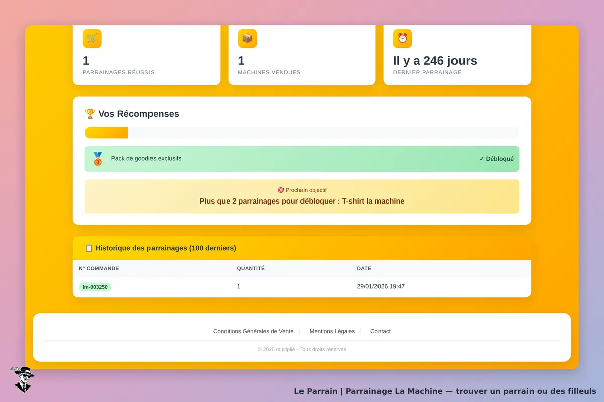 La Machine : tableau de bord avec récompenses et historique des parrainages affiché