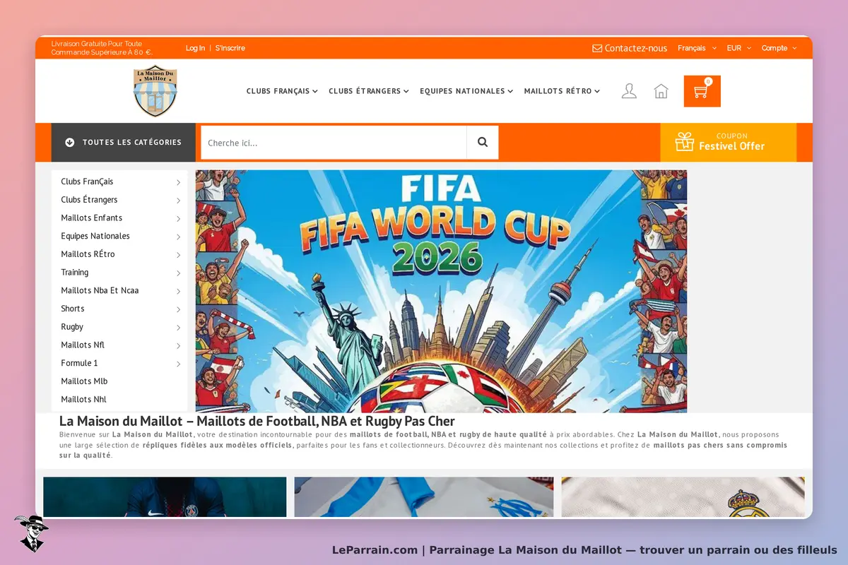 La Maison du Maillot : page d'accueil avec catégories de maillots et illustration de la Coupe du