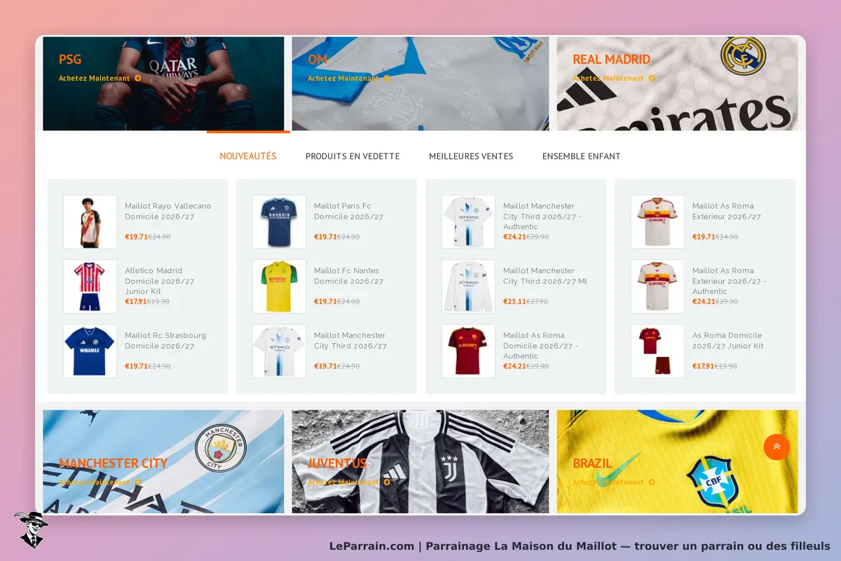 La Maison du Maillot : page d'accueil affichant divers maillots de football et promotions