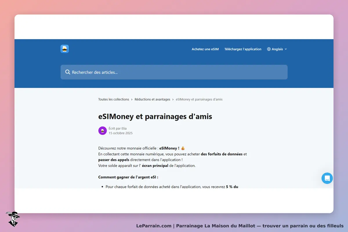 La Maison du Maillot : page sur eSIMoney et parrainages d'amis avec texte explicatif