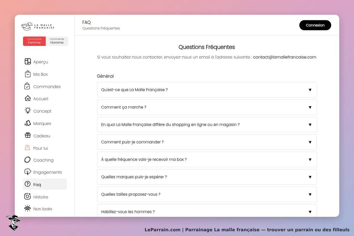 La malle française : page FAQ avec questions fréquentes sur le service et contact par email