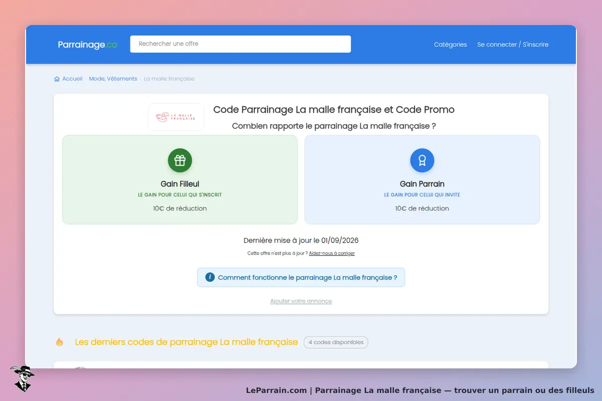 La malle française : parrainage.co : page d'accueil avec gains pour filleuls et parrains, options