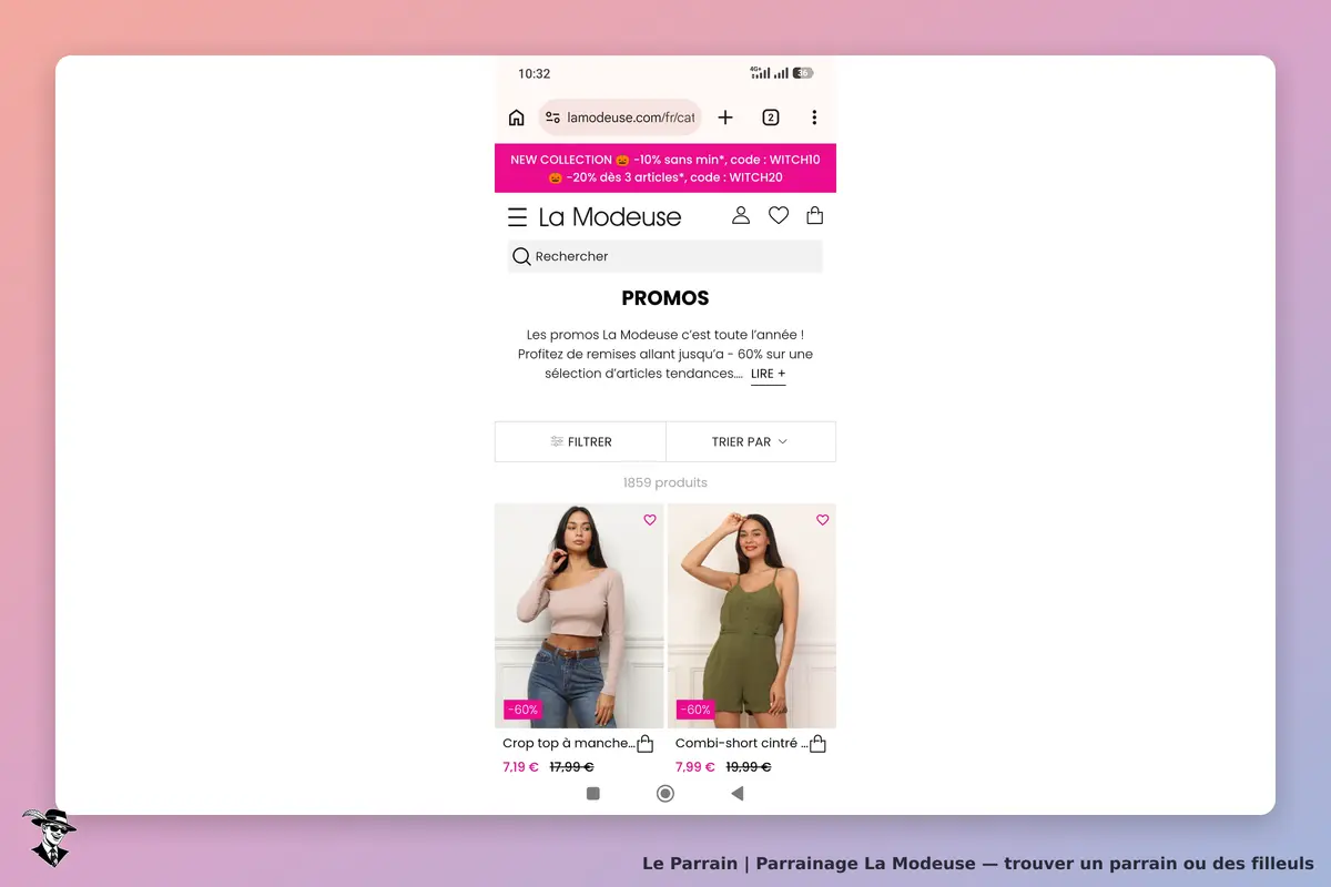 La Modeuse : page d'accueil avec vêtements en promotion, crop top et combi-short affichés