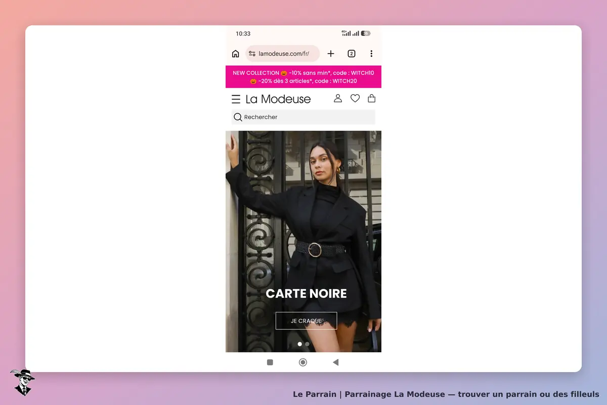 La Modeuse : modèle féminin en tenue noire posant devant une grille décorative