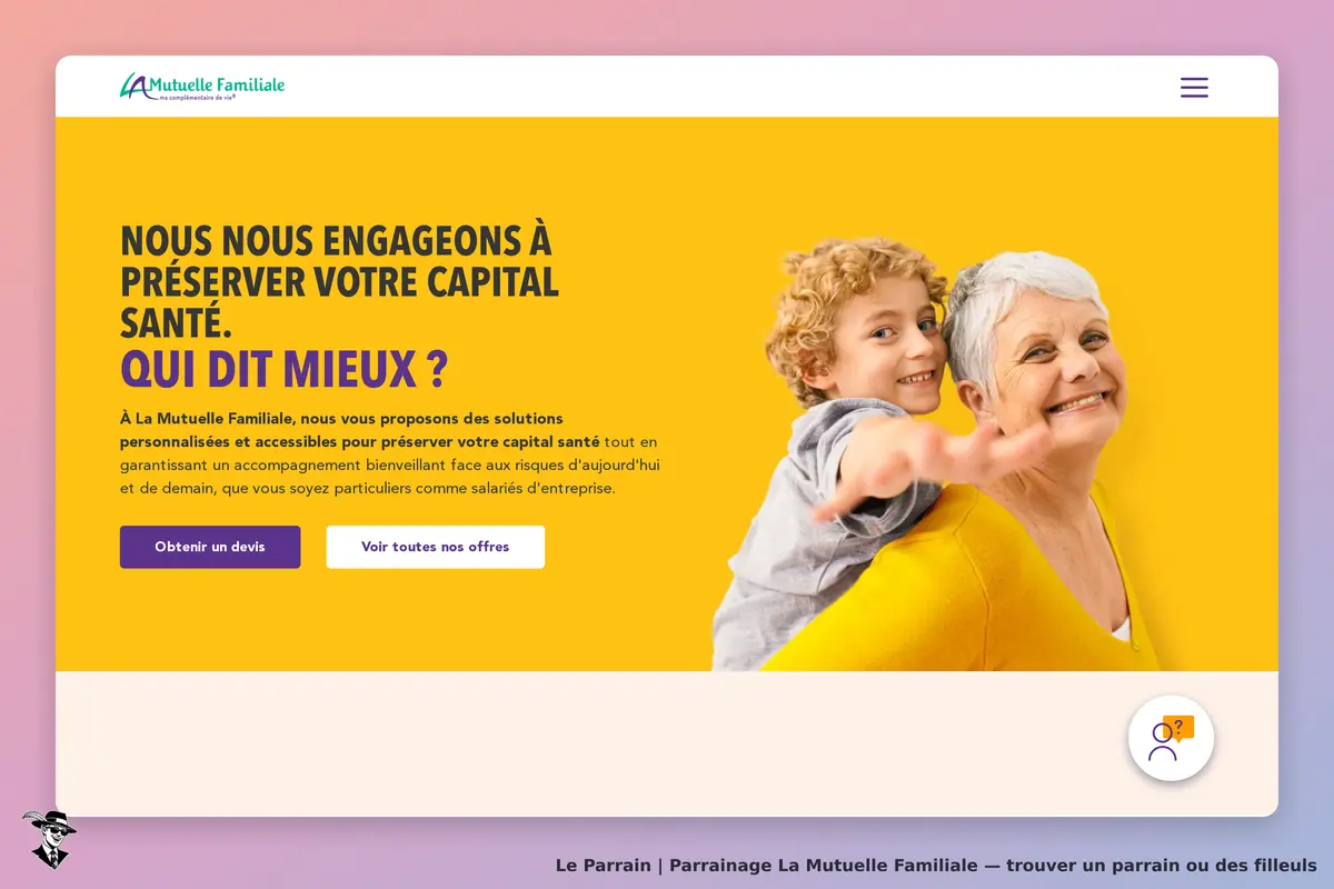 La Mutuelle Familiale : page d'accueil avec un slogan et une image d'une grand-mère et un enfant