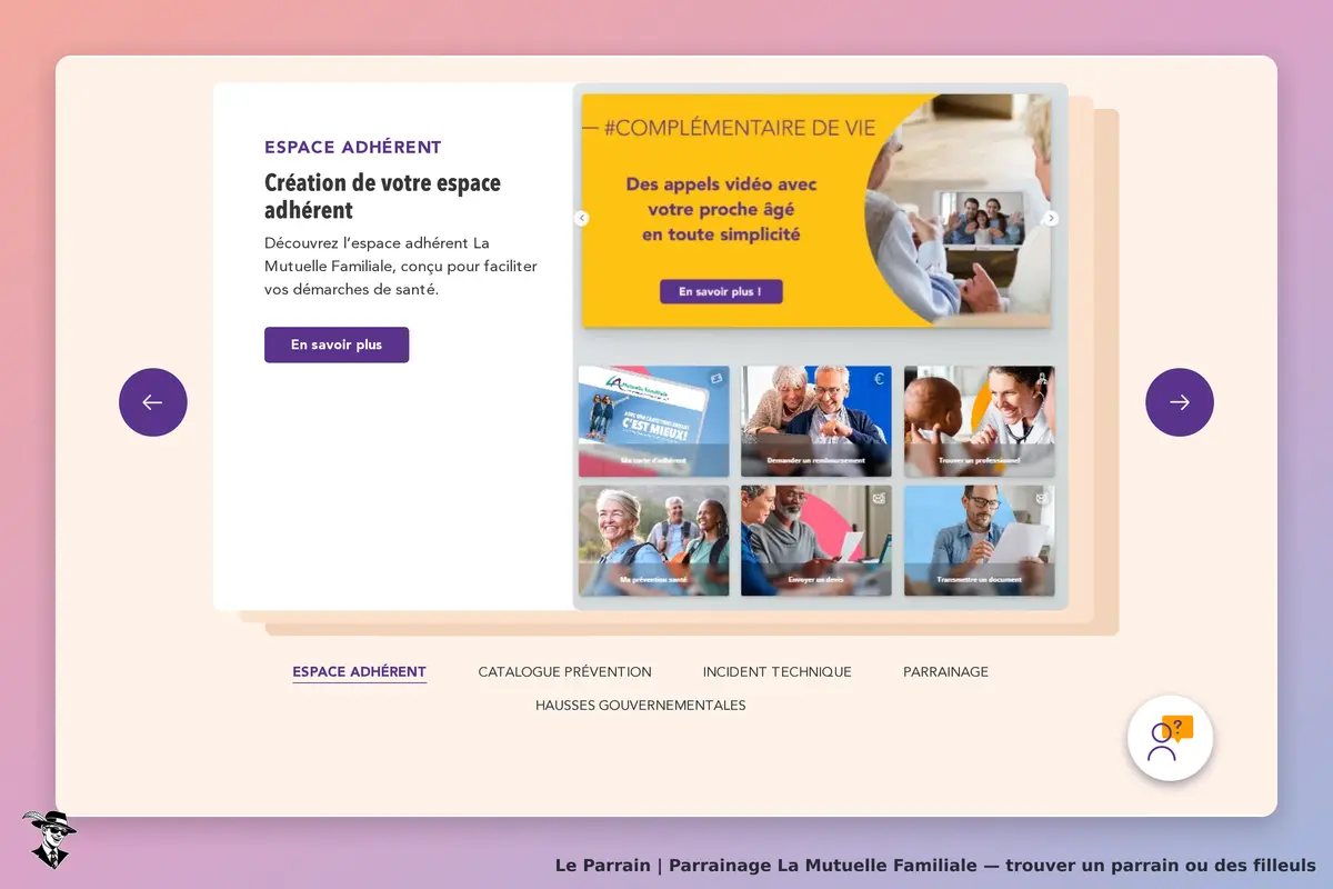 La Mutuelle Familiale : écran d'accueil avec espace adhérent et visuels de services proposés