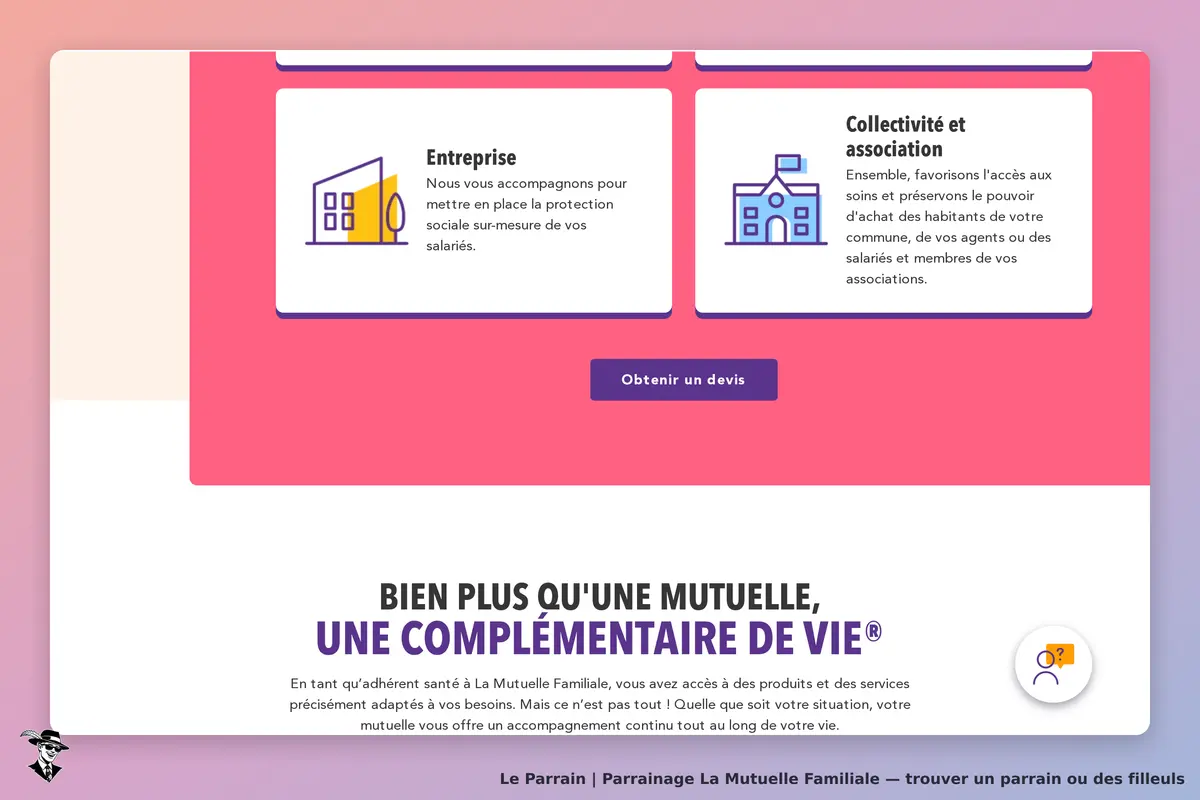 La Mutuelle Familiale : page d'accueil avec sections sur entreprise et collectivités, bouton devis