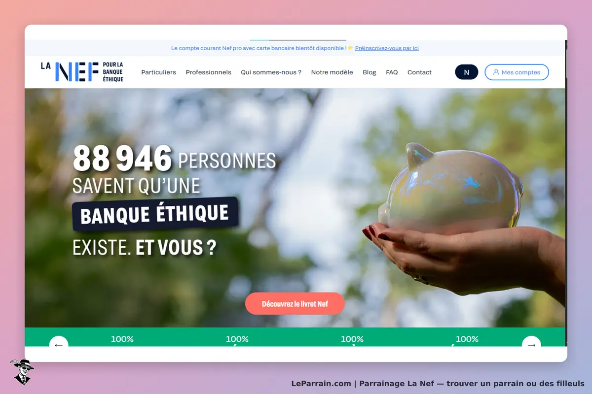 La Nef : page d'accueil avec un message sur la banque éthique et une tirelire en main