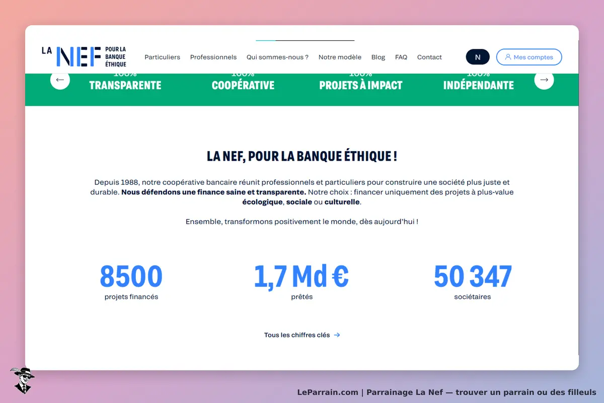 La Nef : page d'accueil présentant la banque éthique et ses projets financés
