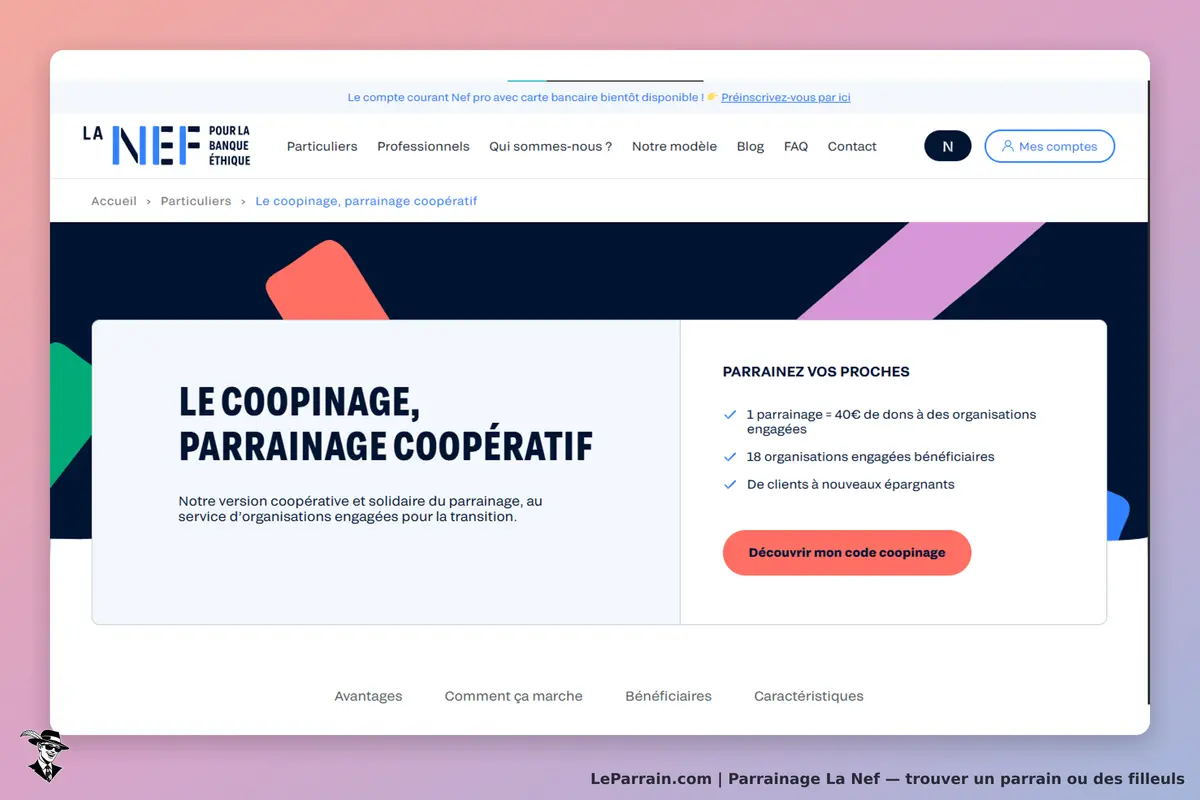 La Nef : page d'accueil présentant le coopinage et le parrainage coopératif