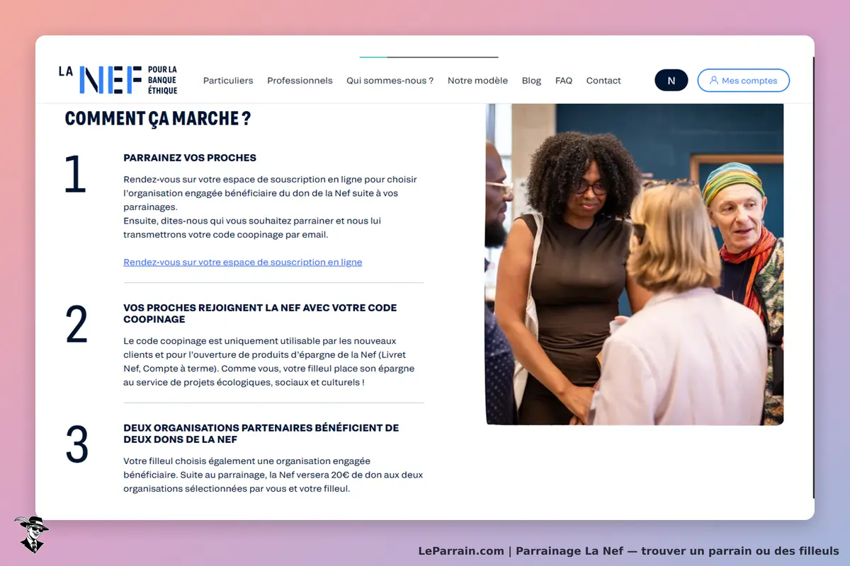 La Nef : présentation des étapes pour le parrainage sur la page d'accueil