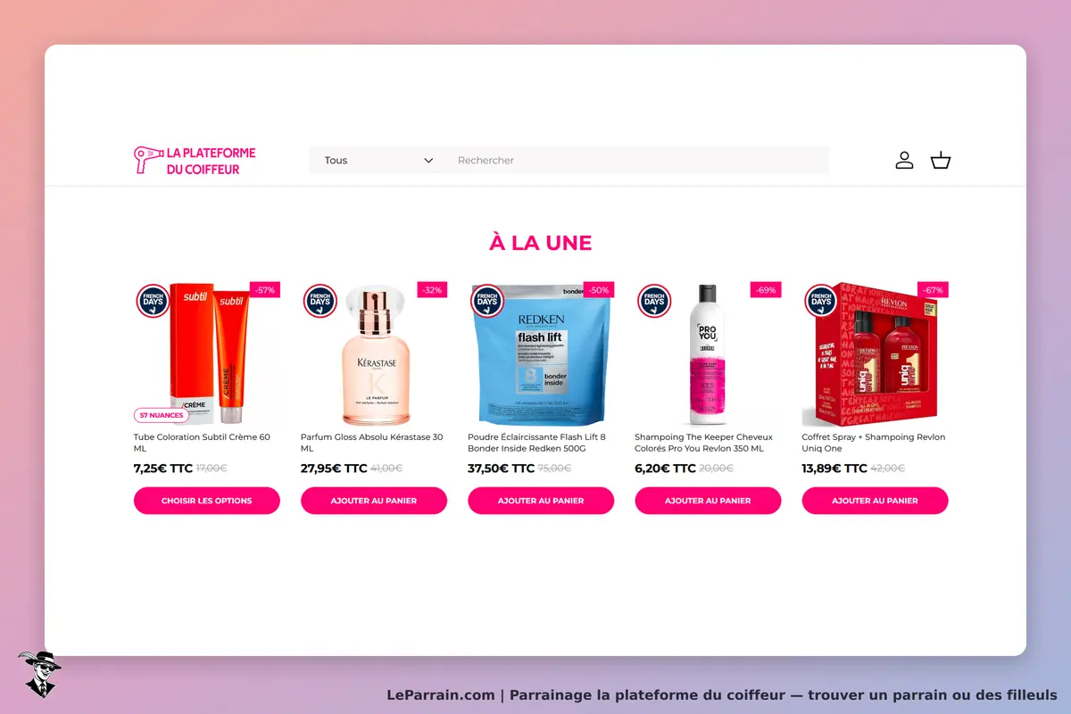 La plateforme du coiffeur : page d'accueil avec produits de coiffure en promotion