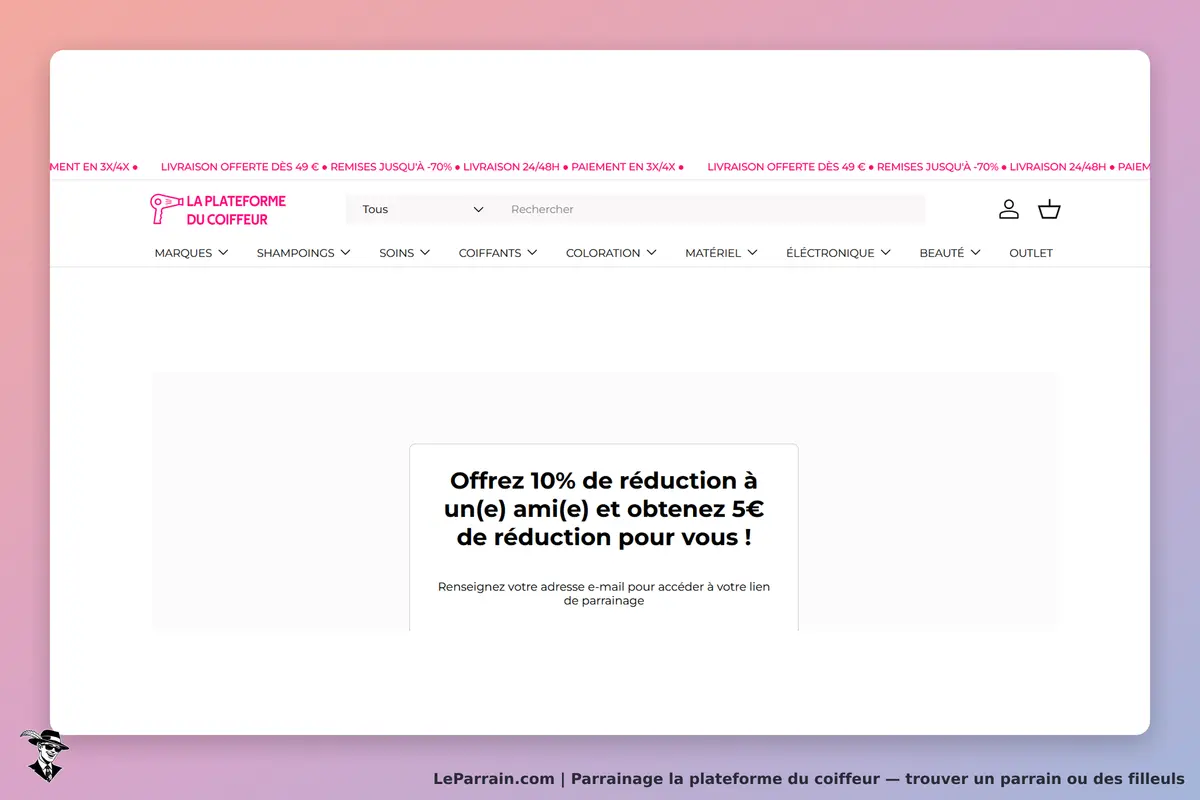 La plateforme du coiffeur : page d'accueil avec un formulaire de parrainage visible