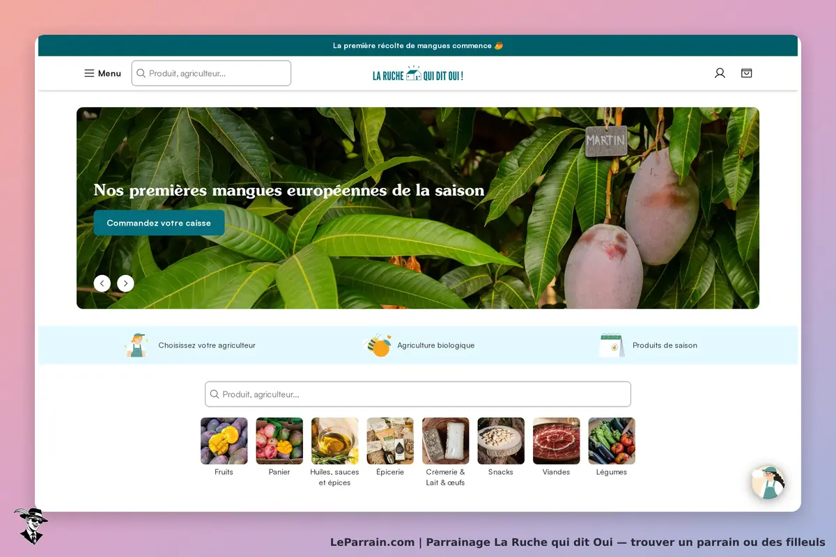 La Ruche qui dit Oui : page d'accueil avec des mangues et un menu de produits agricoles