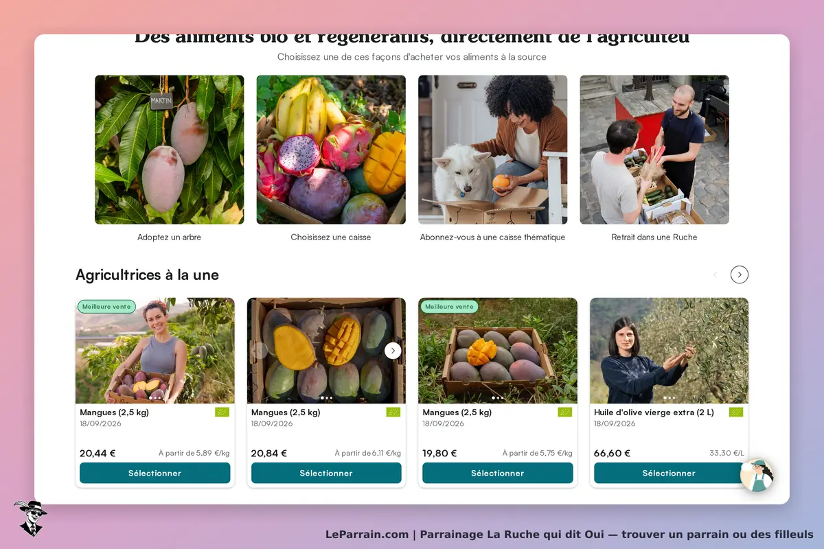 La Ruche qui dit Oui : page d'accueil avec produits frais et options d'achat en ligne