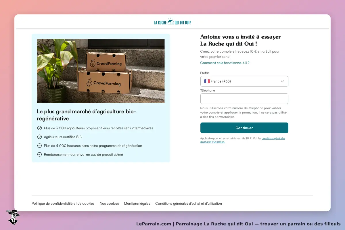 La Ruche qui dit Oui : invitation à créer un compte avec formulaire pour numéro de téléphone