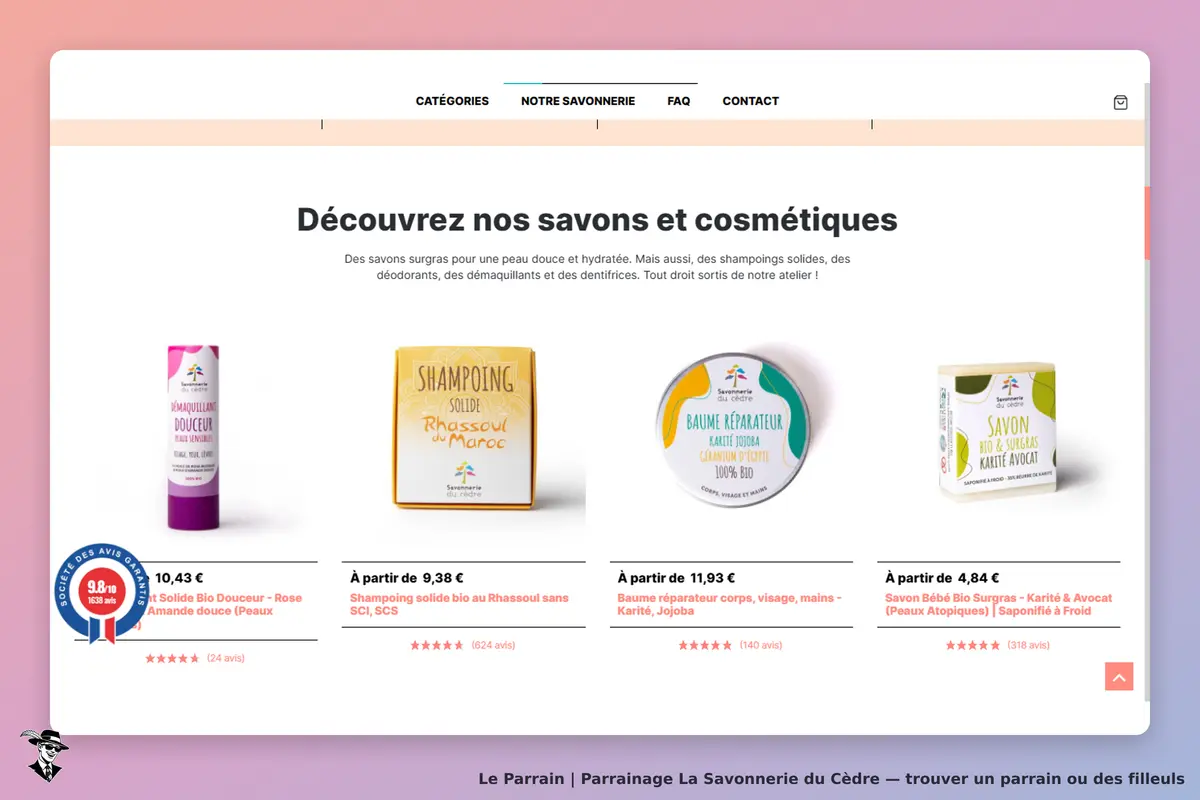 La Savonnerie du Cèdre : page d'accueil présentant divers produits cosmétiques et leurs