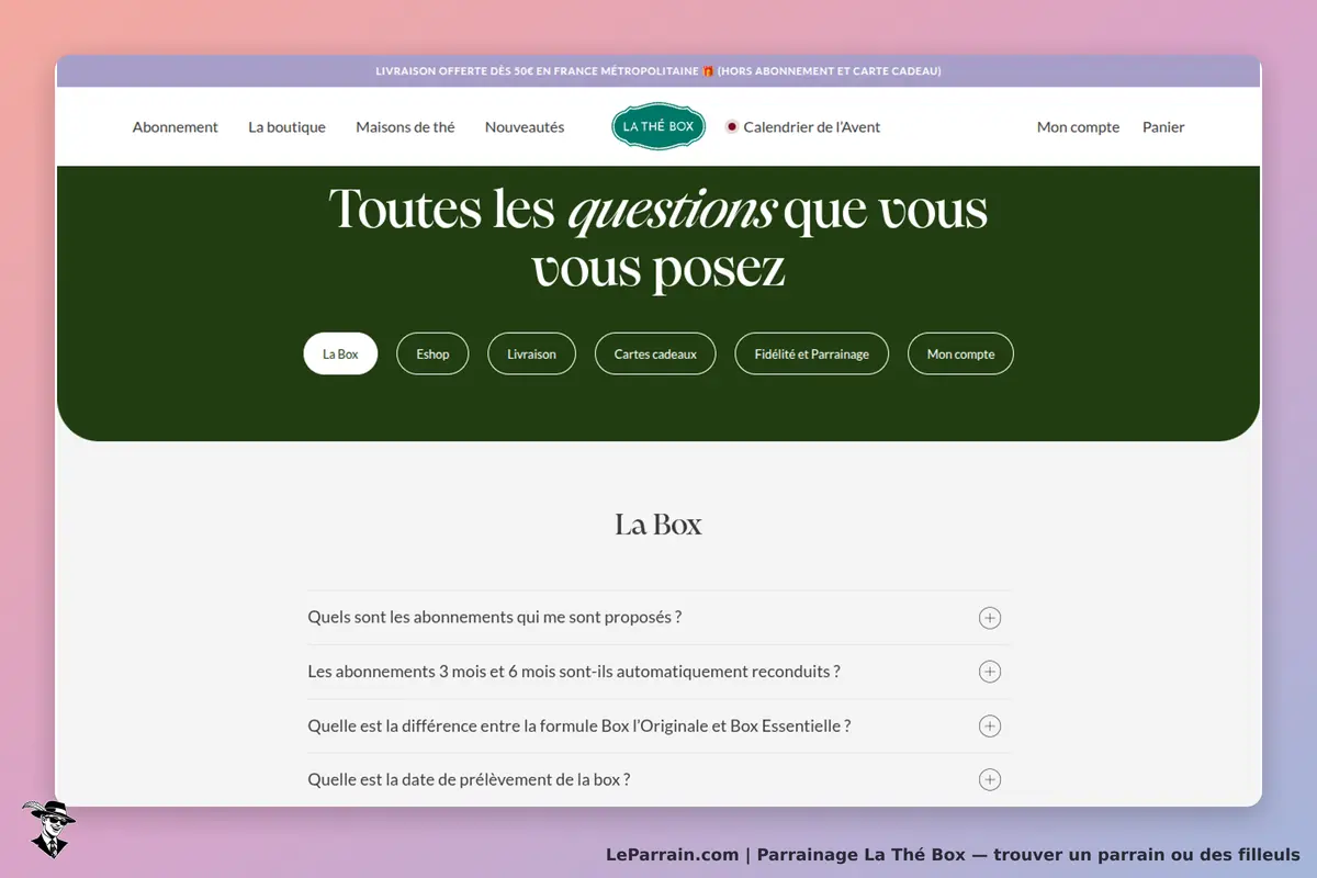 La Thé Box : page d'accueil avec questions fréquentes sur les abonnements et services