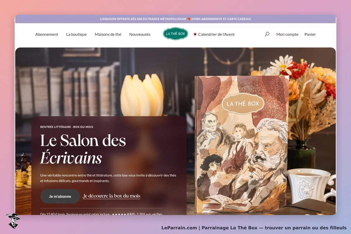 La Thé Box : page d'accueil avec illustration de la box et texte sur le salon des écrivains