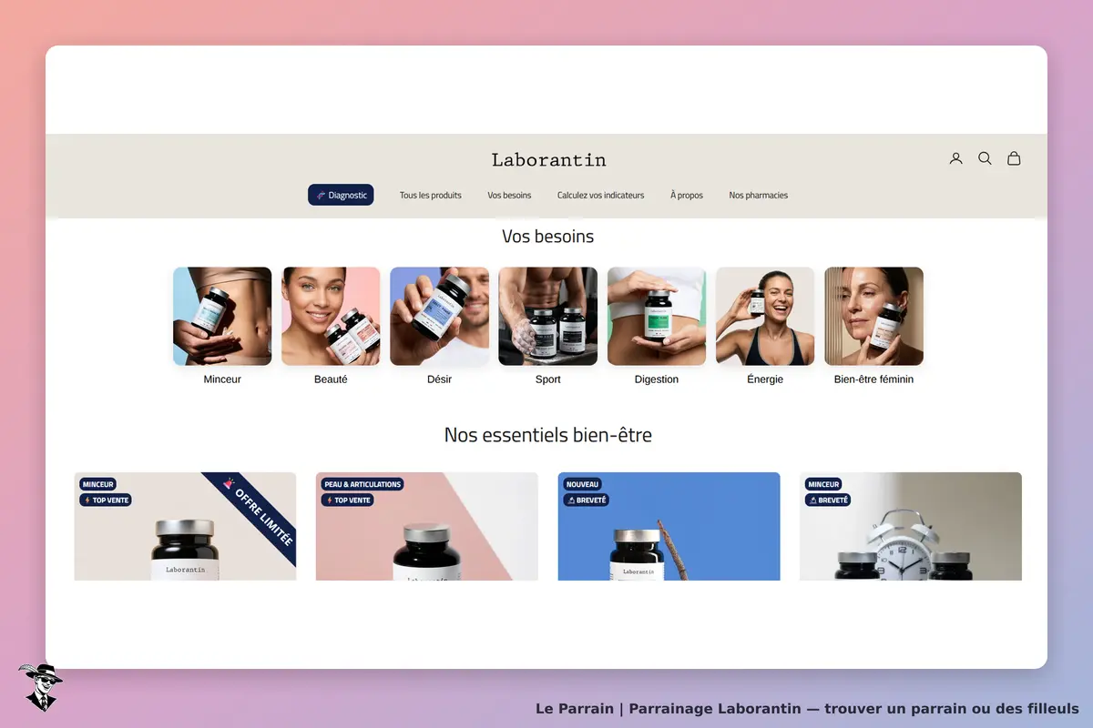 Laborantin : page d'accueil avec produits de bien-être et catégories de besoins affichées