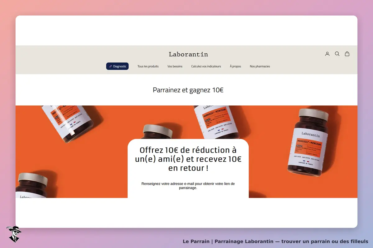 Laborantin : page d'accueil avec des produits et une section de parrainage en arrière-plan