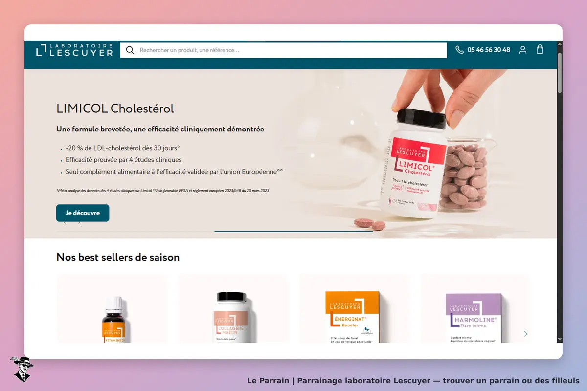 Laboratoire Lescuyer : page d'accueil avec produit Limicol Cholestérol et best sellers en bas