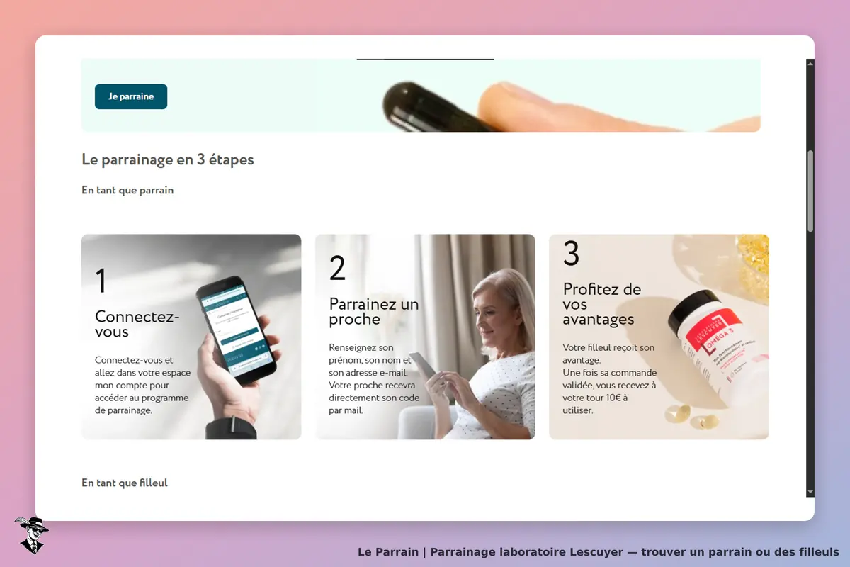 laboratoire Lescuyer : page d'accueil présentant le parrainage en trois étapes avec illustrations