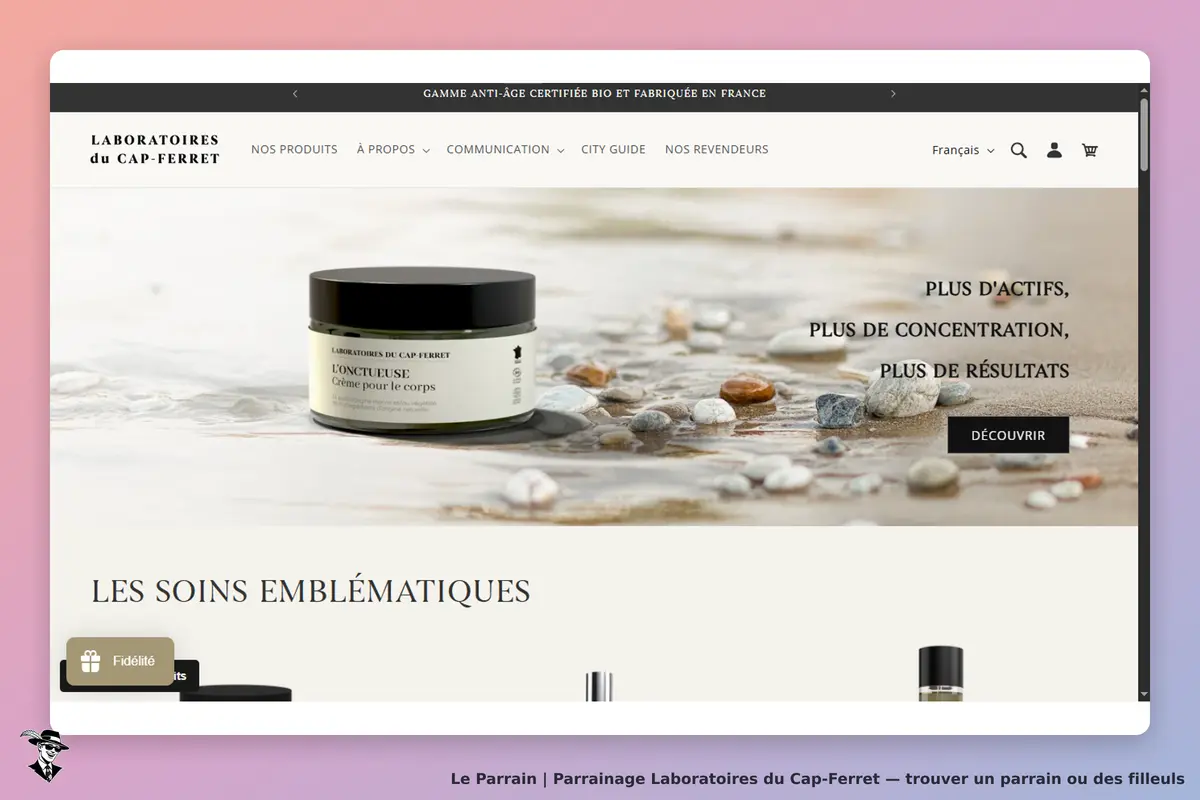 Laboratoires du Cap-Ferret : page d'accueil avec crème pour le corps et message sur les soins