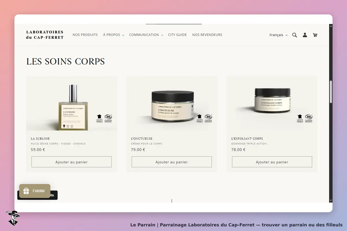 Laboratoires du Cap-Ferret : page d'accueil avec trois produits de soins pour le corps affichés