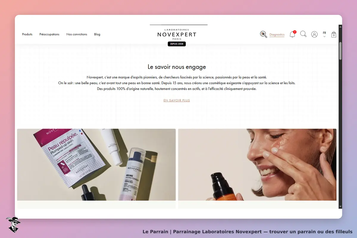 Laboratoires Novexpert : page d'accueil avec produits et une personne appliquant un soin sur son