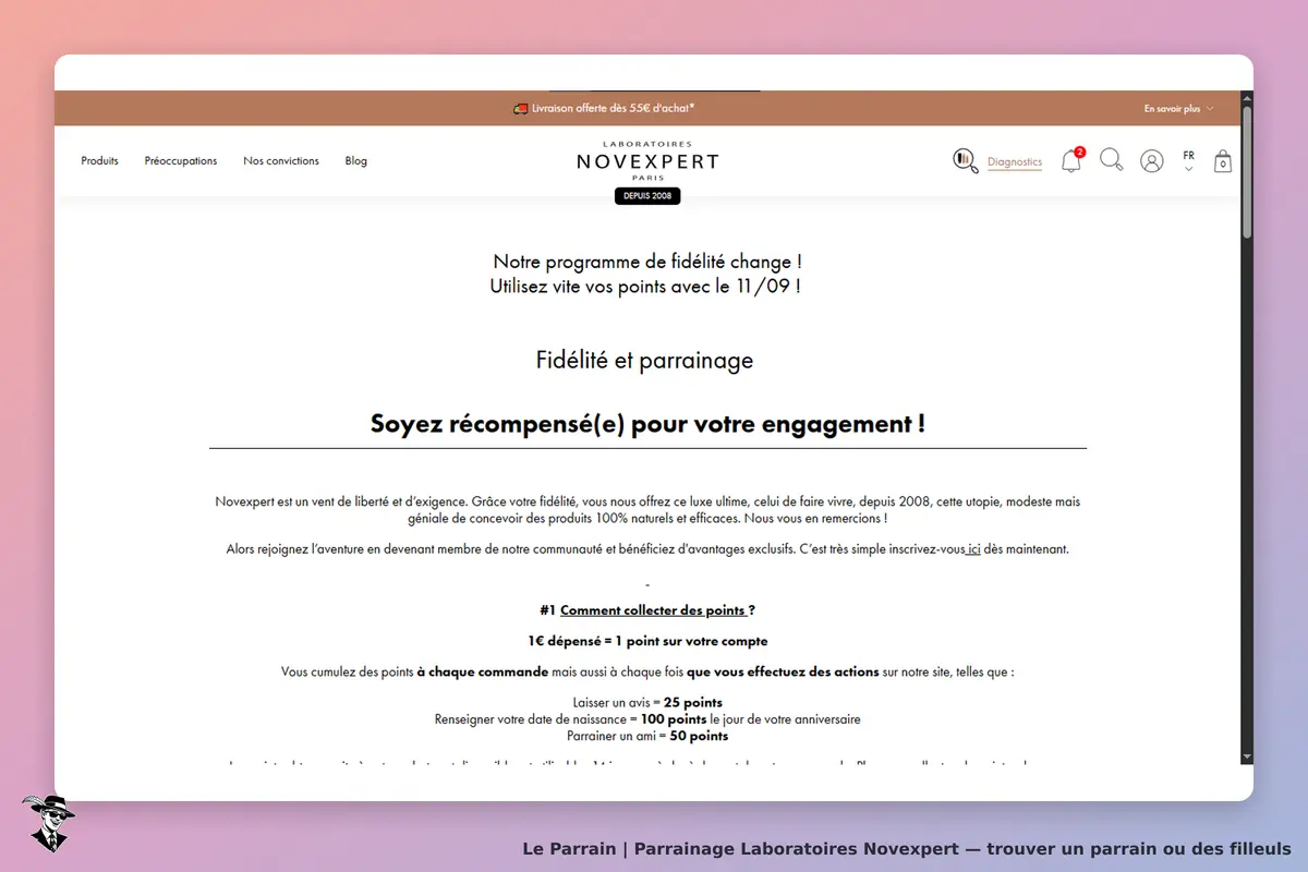 Laboratoires Novexpert : page d'accueil présentant le programme de fidélité et de parrainage