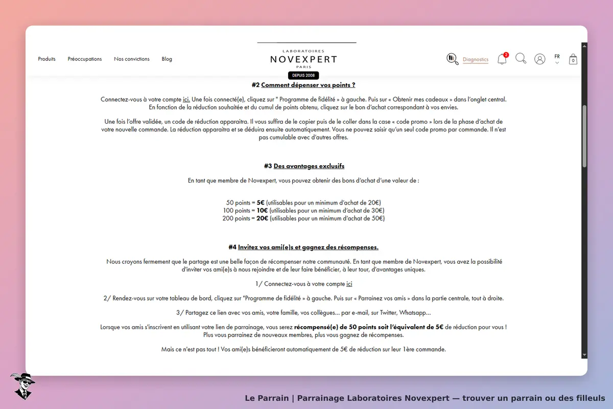 Laboratoires Novexpert : page d'instructions sur l'utilisation du programme de fidélité