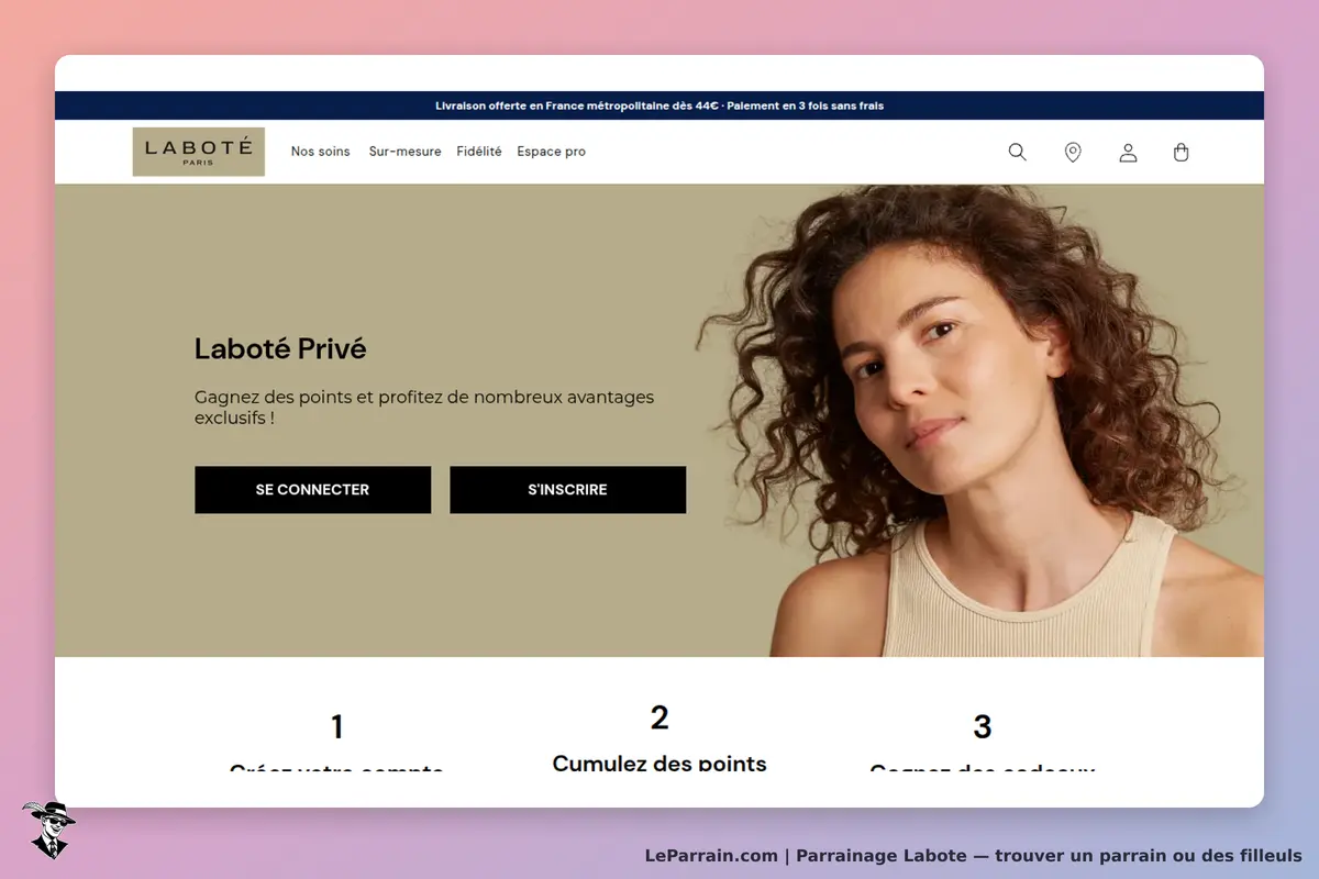Labote : laboté : page d'accueil avec un visuel d'une femme et options de connexion et