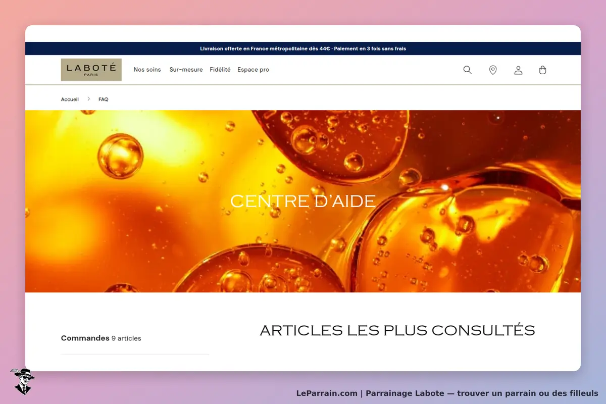 Labote : laboté : page d'accueil avec un visuel d'huiles et un titre "Centre d'aide". Articles