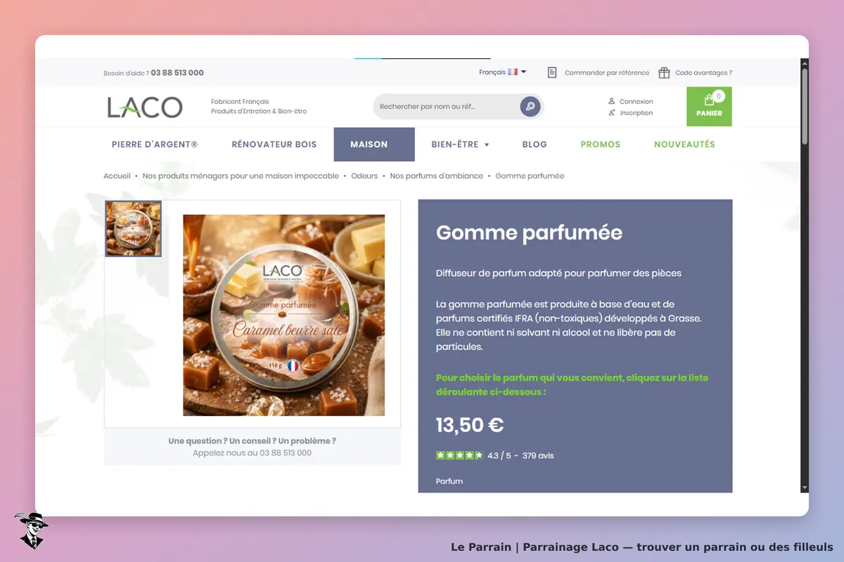 LACO : page produit affichant une gomme parfumée au caramel beurre salé et ses caractéristiques