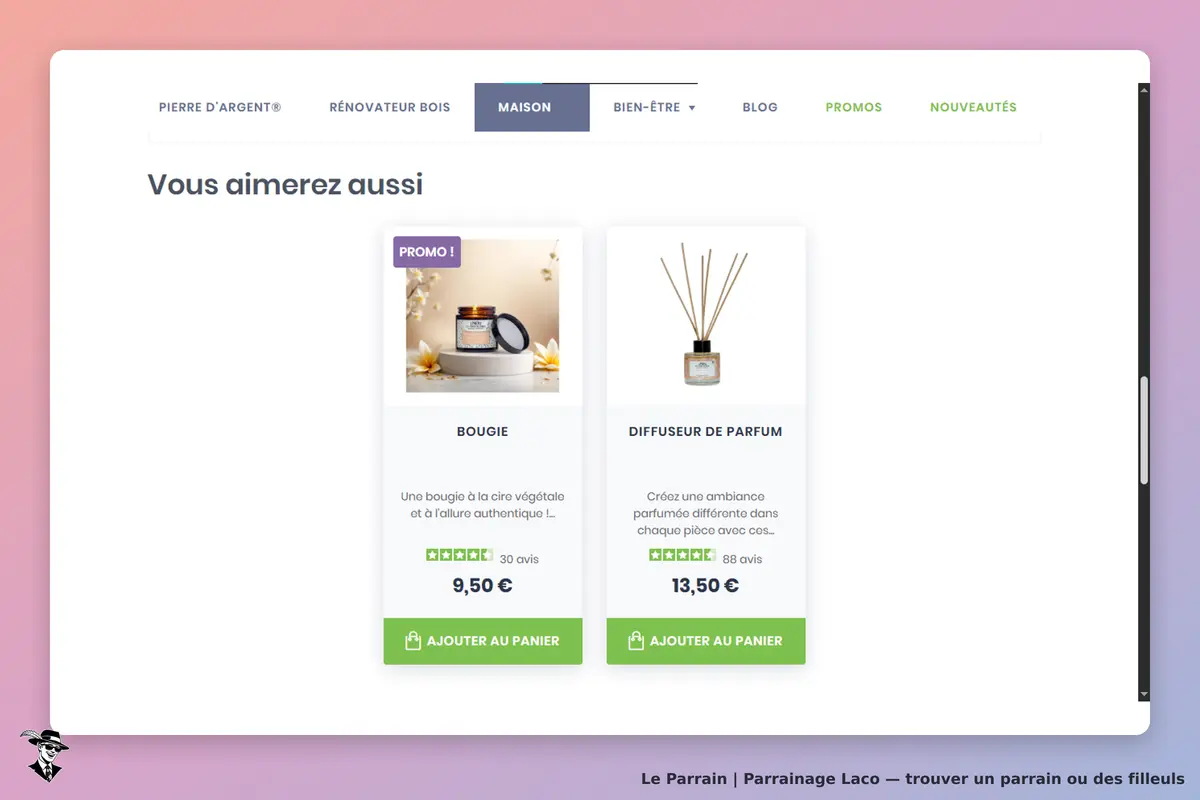Laco : section "Vous aimerez aussi" avec bougie et diffuseur de parfum affichés