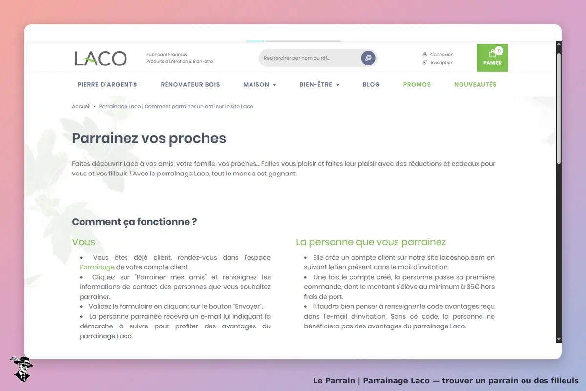 LACO : page d'accueil sur le parrainage avec explications et étapes à suivre