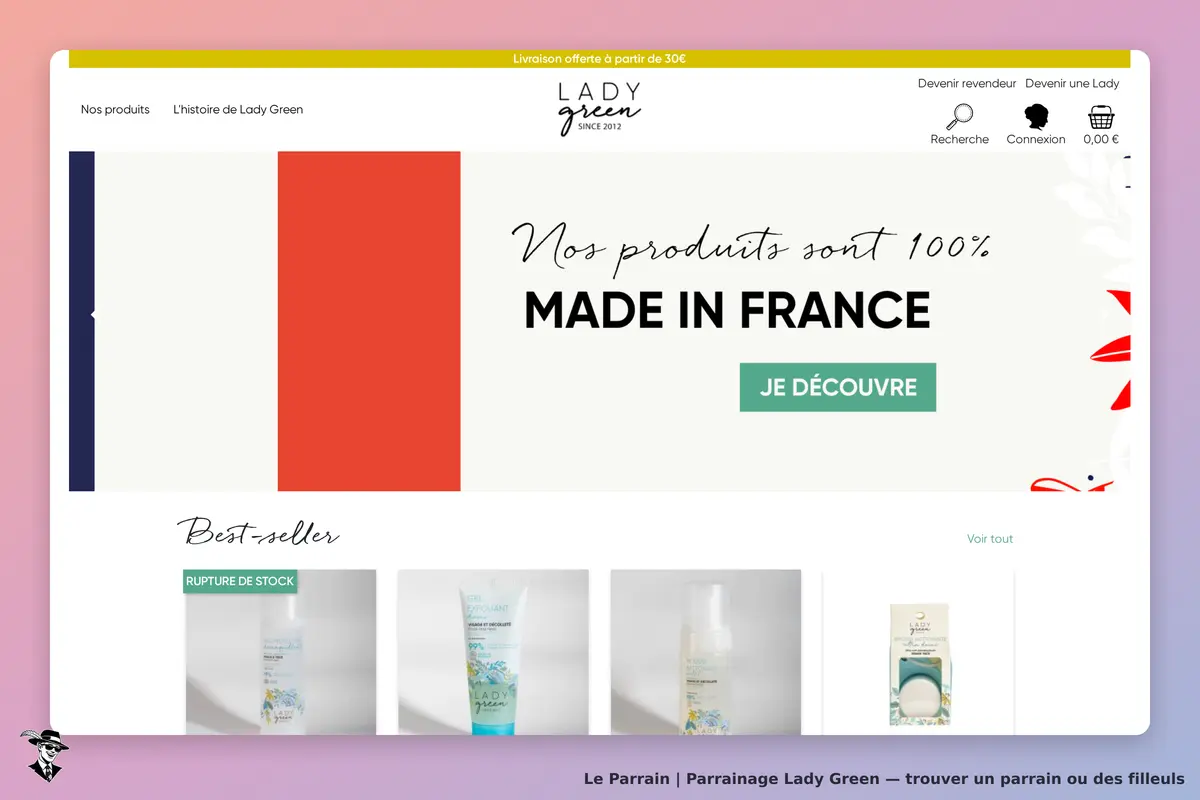 Lady Green : page d'accueil avec slogan "MADE IN FRANCE" et produits en best-seller