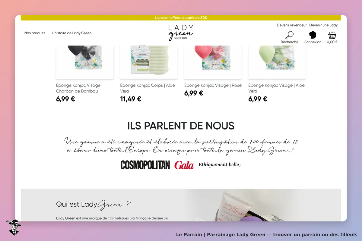Lady Green : page d'accueil avec éponges Konjac et section sur les médias qui parlent de la marque